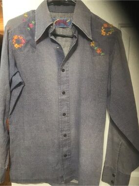 Wrangler Embroidered Western Button-Down Shirt - Blue with Multicolor Accents